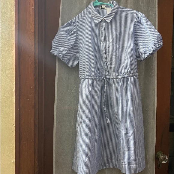 J.Crew Mini Dress Blue White Striped Collar Draw String Waist Size 10 - Picture 4 of 9